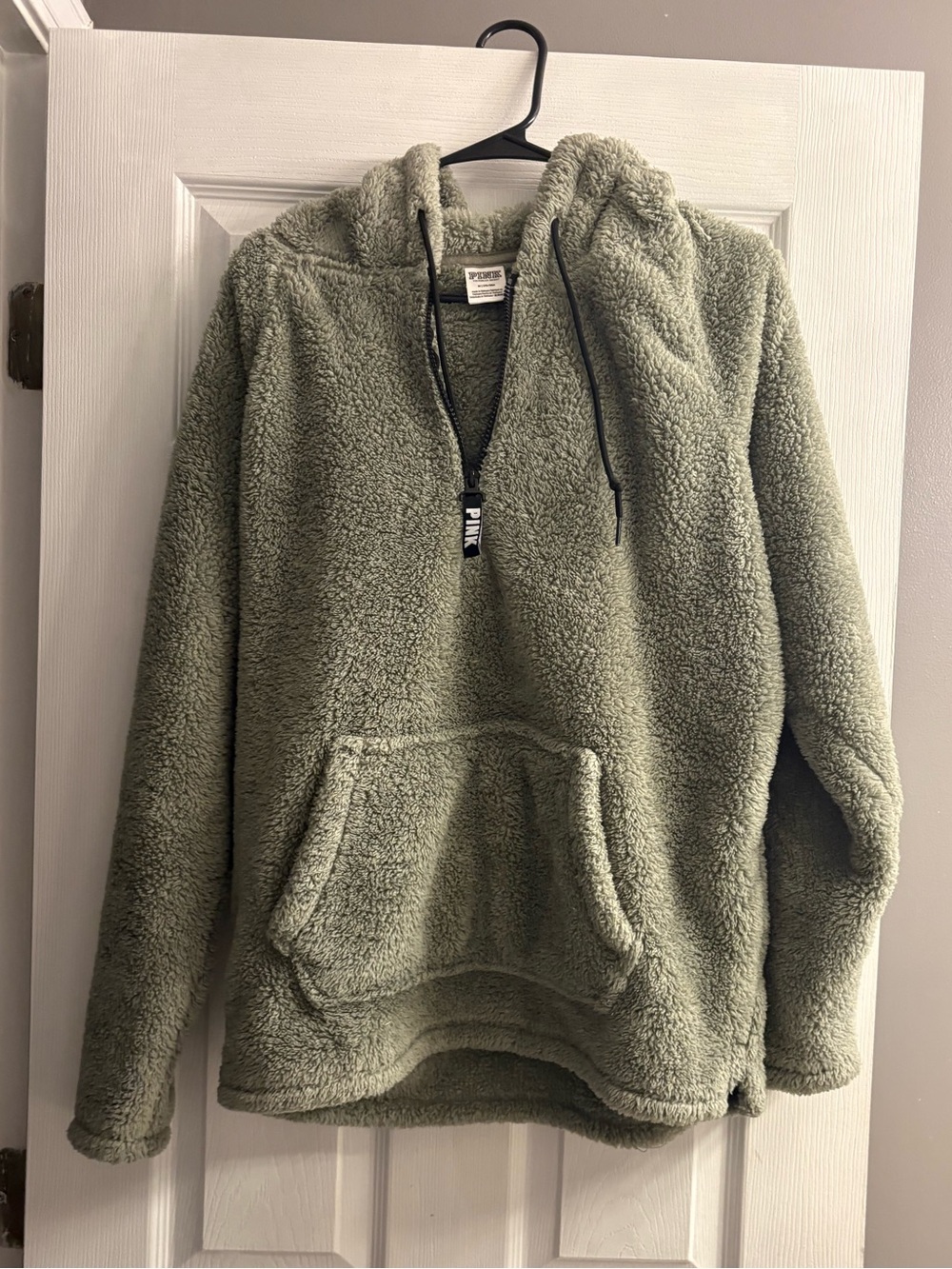 PINK Victoria's Secret Fuzzy Sage Green Sherpa Hoodie